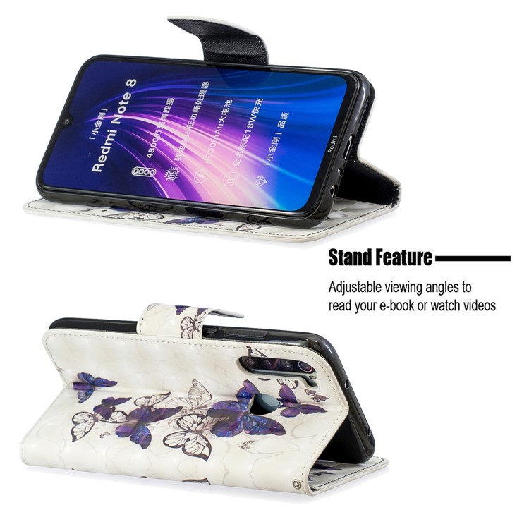 Light Spot Decor Pattern Printing Wallet Leather Phone Cover with Strap for Xiaomi Redmi Note 8 - Purple Butteflies-5