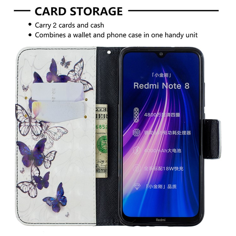 Light Spot Decor Pattern Printing Wallet Leather Phone Cover with Strap for Xiaomi Redmi Note 8 - Purple Butteflies-6