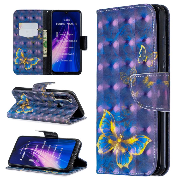 Light Spot Decor Pattern Printing Wallet Leather Phone Cover with Strap for Xiaomi Redmi Note 8 - Blue Butterflies-1
