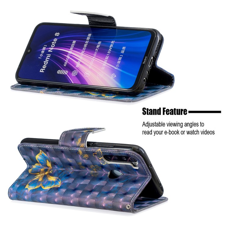 Light Spot Decor Pattern Printing Wallet Leather Phone Cover with Strap for Xiaomi Redmi Note 8 - Blue Butterflies-5