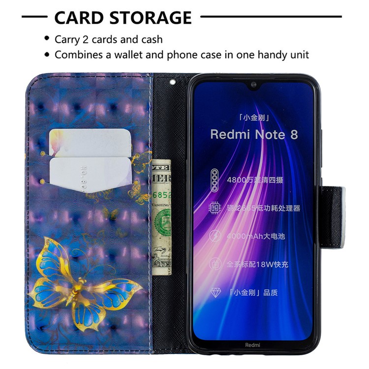Light Spot Decor Pattern Printing Wallet Leather Phone Cover with Strap for Xiaomi Redmi Note 8 - Blue Butterflies-6