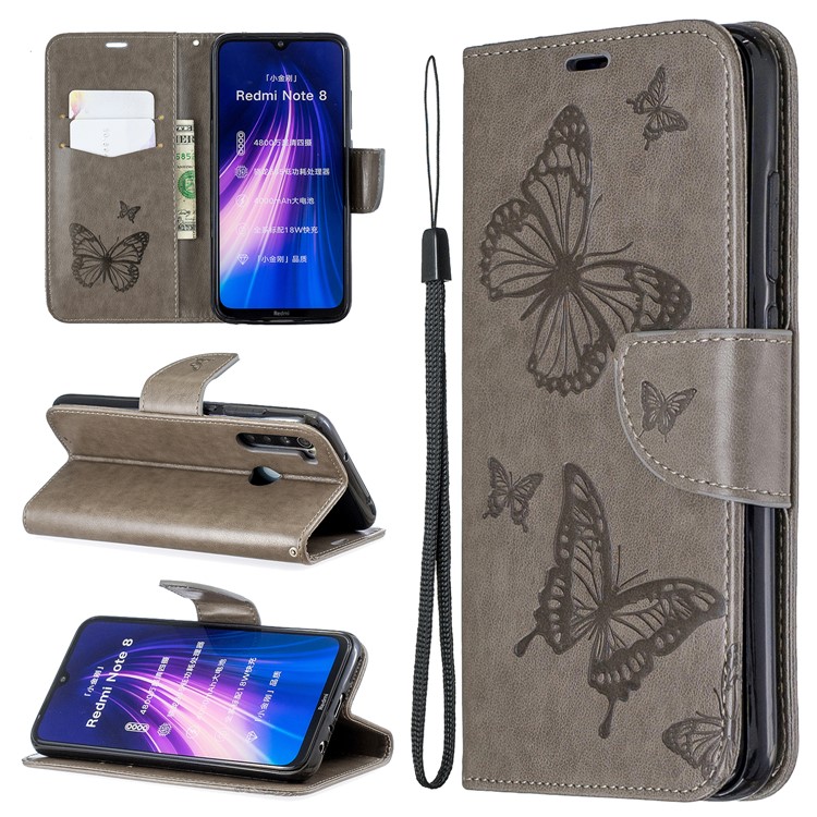 Imprint Butterfly Stand Leather Wallet Case for Xiaomi Redmi Note 8 - Grey-1