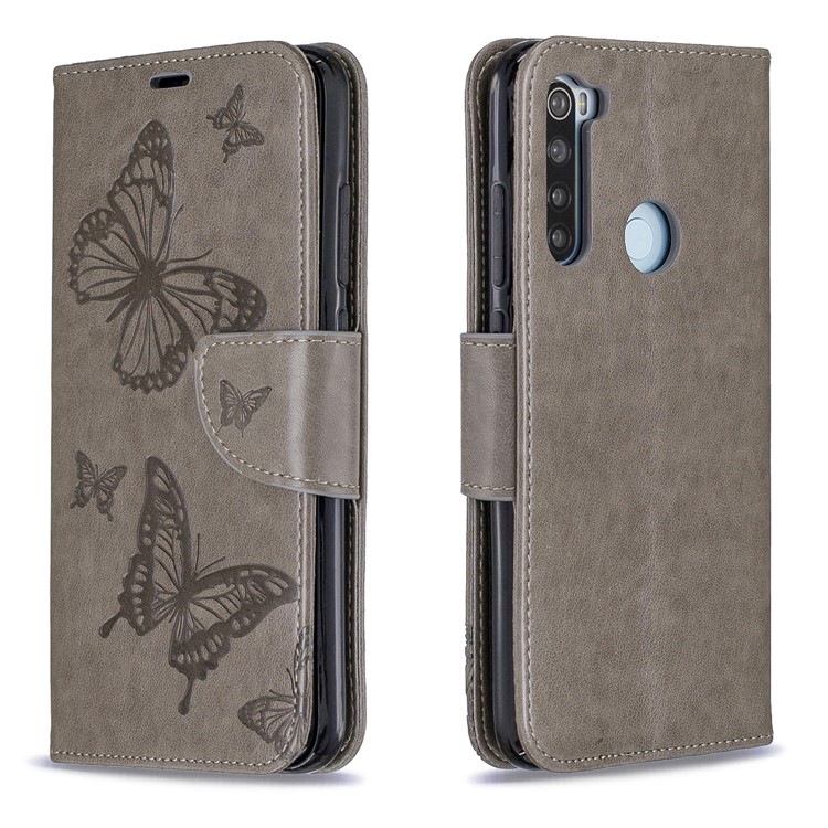 Imprint Butterfly Stand Leather Wallet Case for Xiaomi Redmi Note 8 - Grey-4