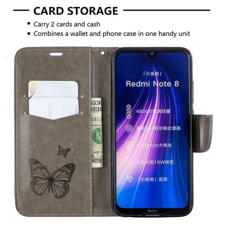 Imprint Butterfly Stand Leather Wallet Case for Xiaomi Redmi Note 8 - Grey-6