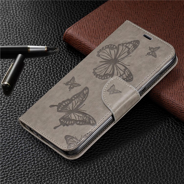 Imprint Butterfly Stand Leather Wallet Case for Xiaomi Redmi Note 8 - Grey-7