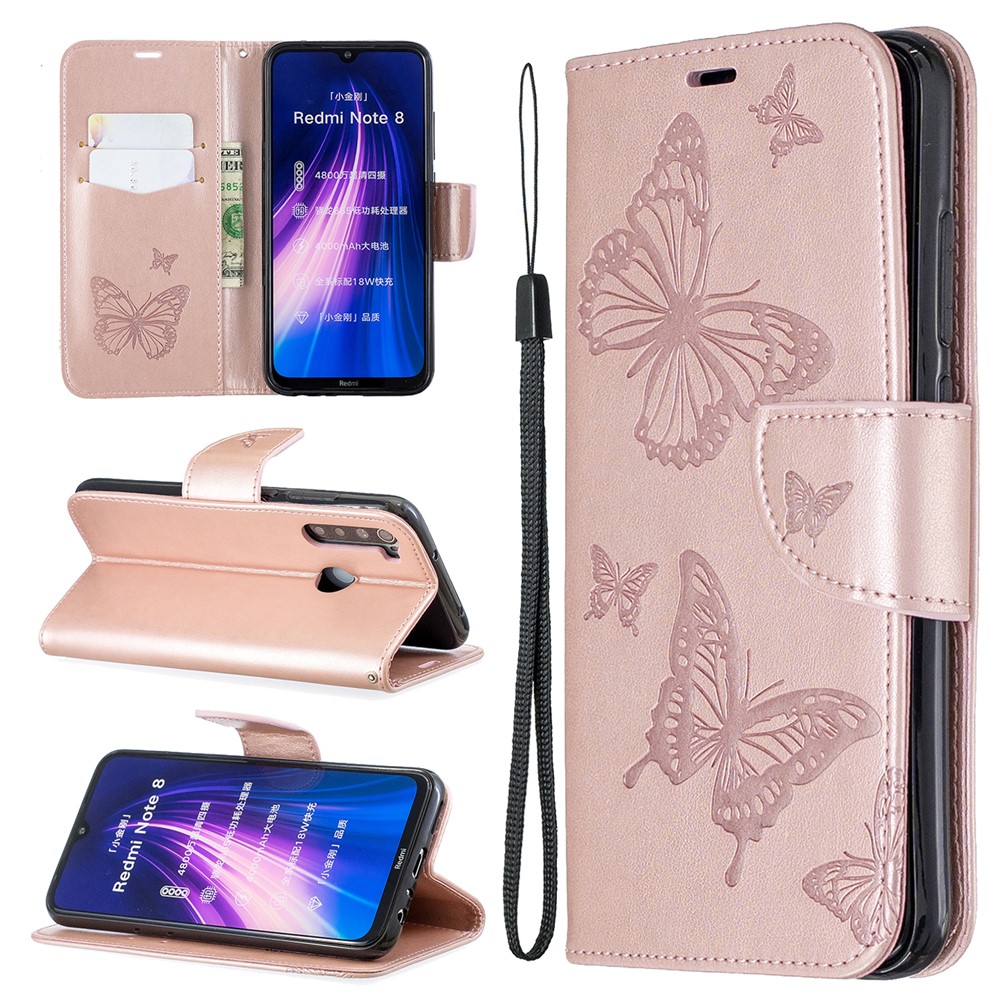 Imprint Butterfly Stand Leather Wallet Case for Xiaomi Redmi Note 8 - Rose Gold-1