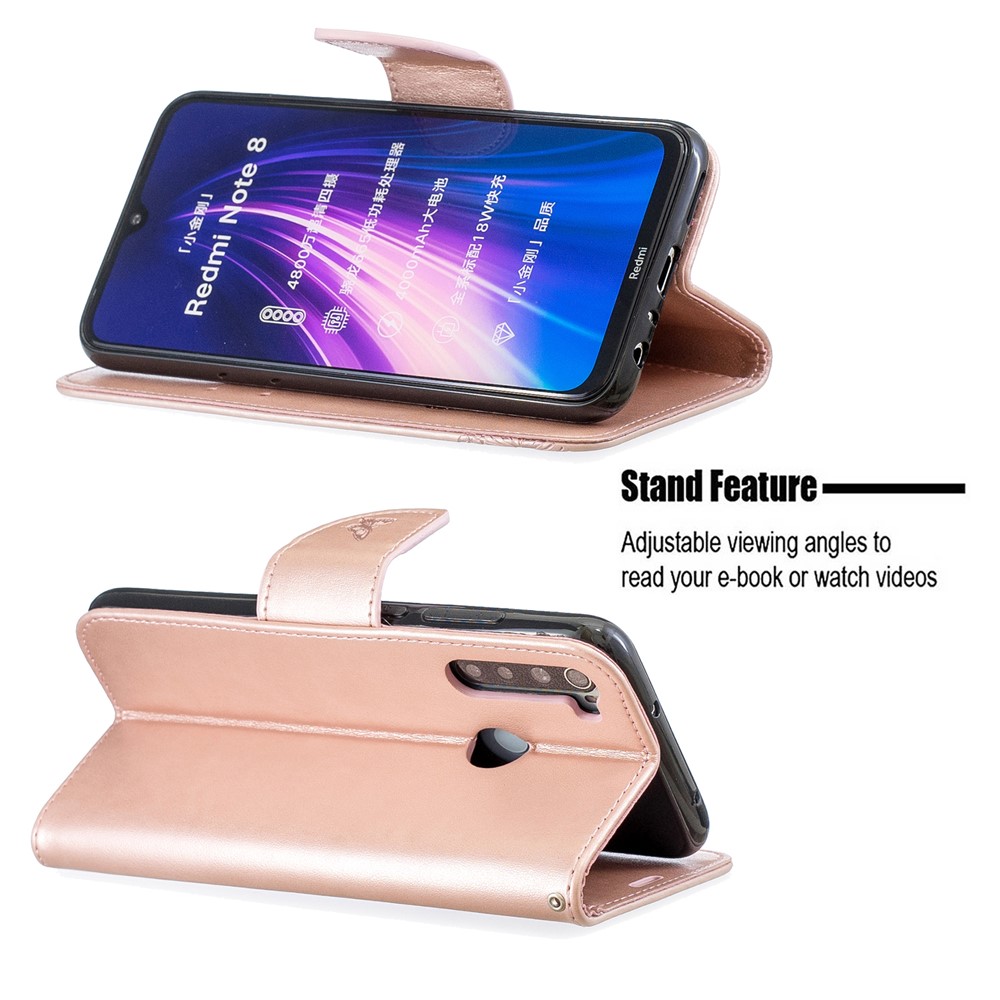 Imprint Butterfly Stand Leather Wallet Case for Xiaomi Redmi Note 8 - Rose Gold-5