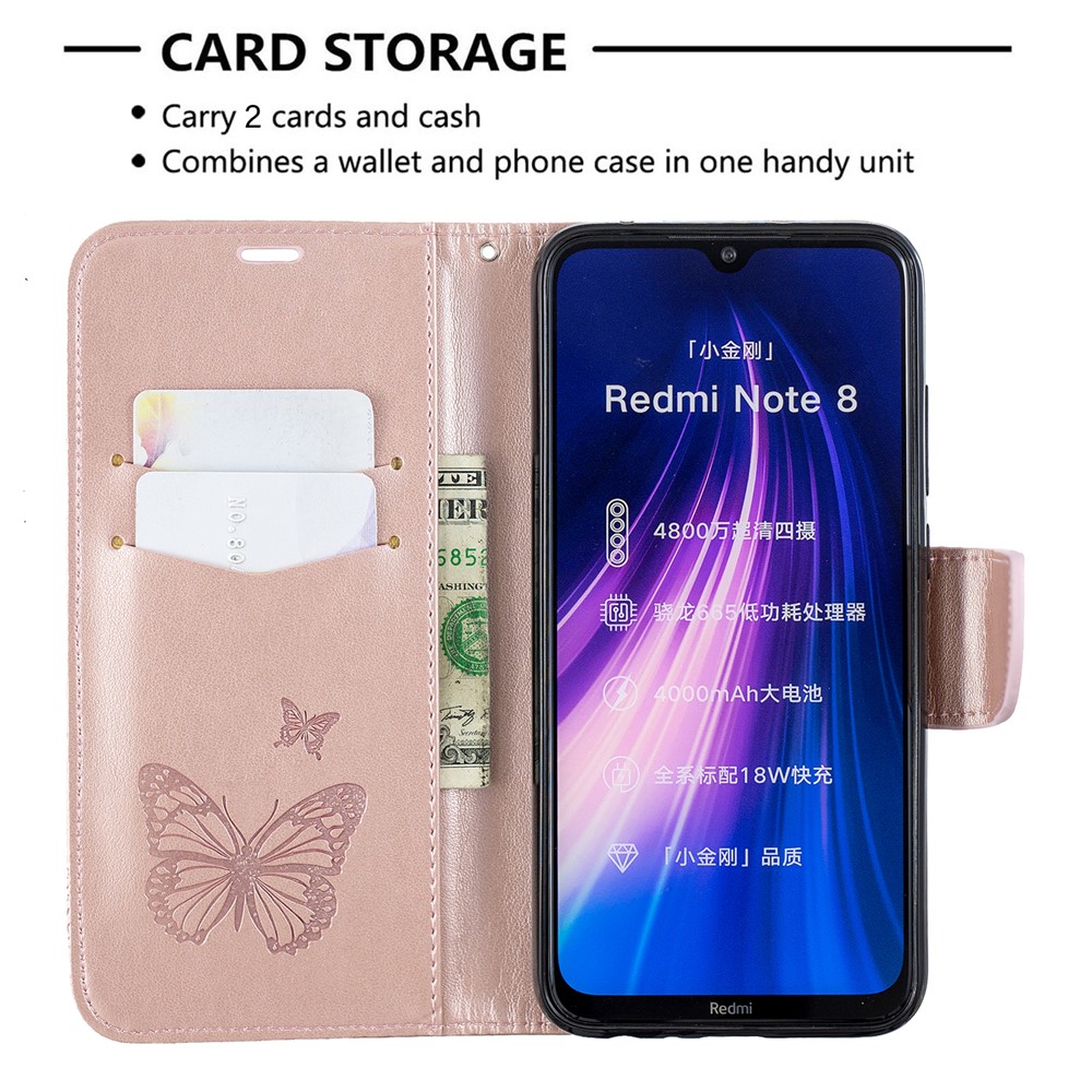 Imprint Butterfly Stand Leather Wallet Case for Xiaomi Redmi Note 8 - Rose Gold-6