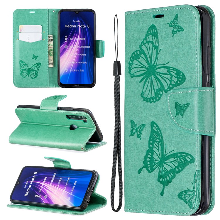 Imprint Butterfly Stand Leather Wallet Case for Xiaomi Redmi Note 8 - Green-1