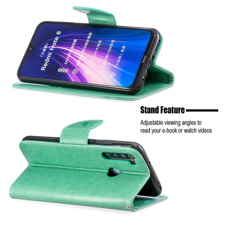 Imprint Butterfly Stand Leather Wallet Case for Xiaomi Redmi Note 8 - Green-5