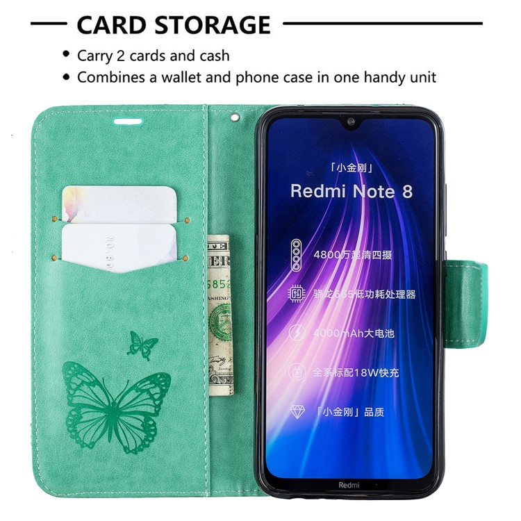 Imprint Butterfly Stand Leather Wallet Case for Xiaomi Redmi Note 8 - Green-6