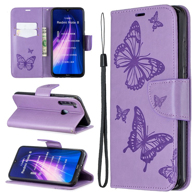Imprint Butterfly Stand Leather Wallet Case for Xiaomi Redmi Note 8 - Purple-1