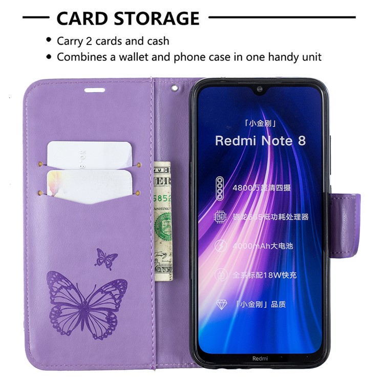 Imprint Butterfly Stand Leather Wallet Case for Xiaomi Redmi Note 8 - Purple-7