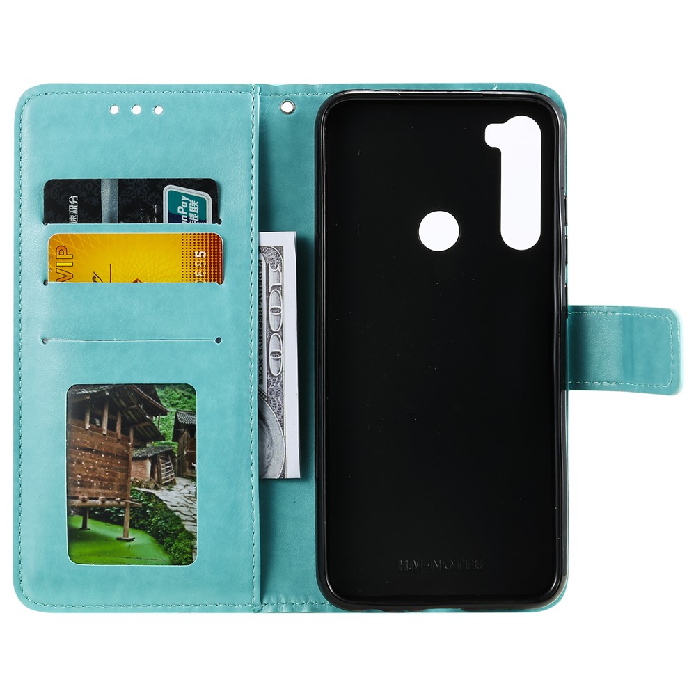 Impressum Blumenmuster Leder Brieftasche Mobile Cover Hülle Für Xiaomi Redmi Note 8 - Cyan-3