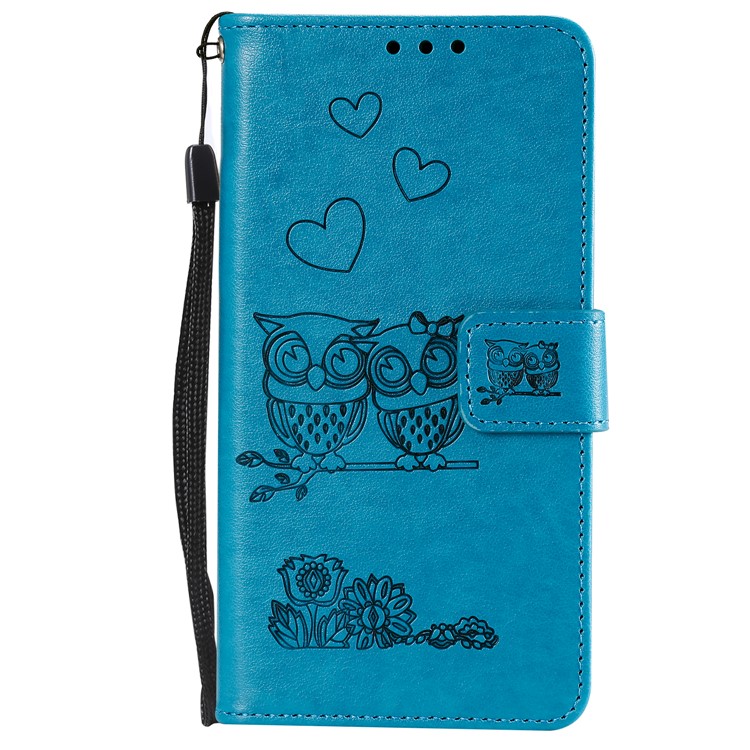 Imprinted Flower Owl Leather Phone Case for Xiaomi Redmi Note 8 - Blue-1