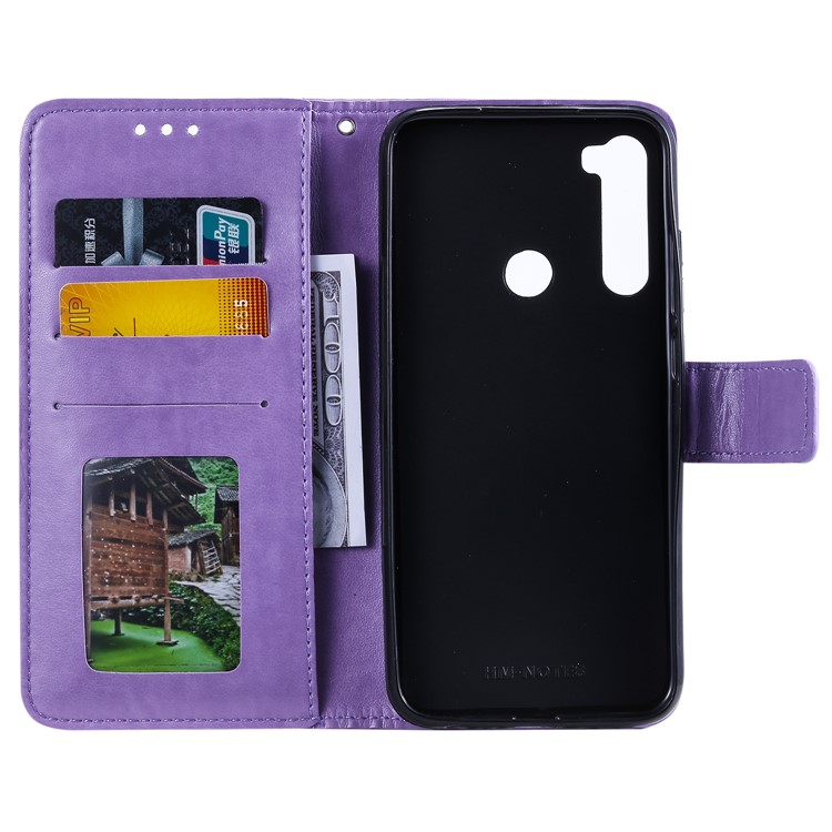 Imprinted Flower Owl Leather Phone Case for Xiaomi Redmi Note 8 - Purple-3
