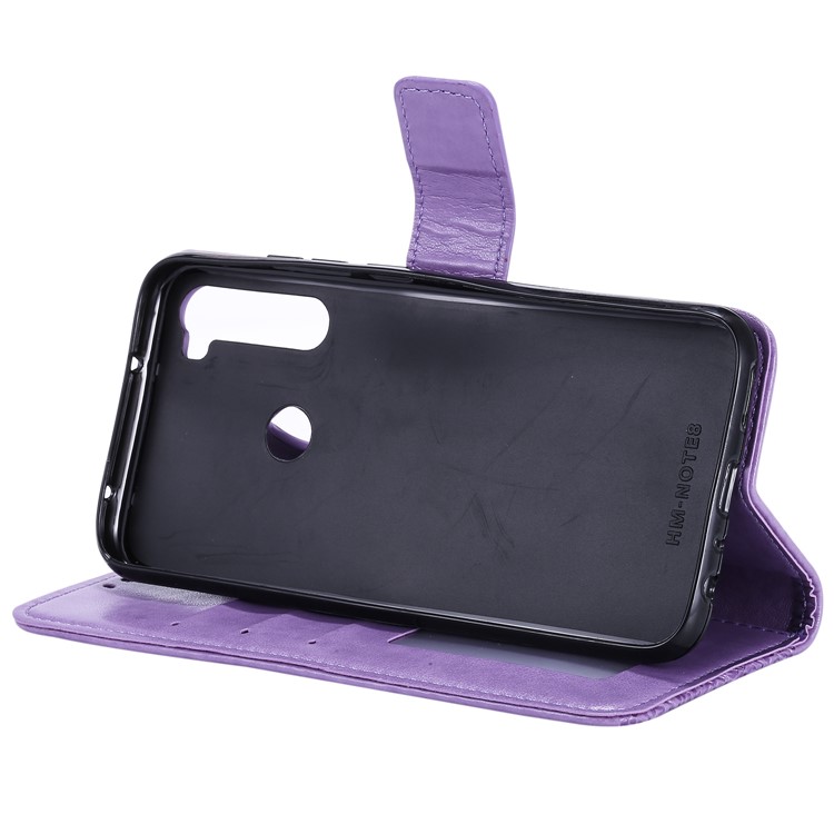 Imprinted Flower Owl Leather Phone Case for Xiaomi Redmi Note 8 - Purple-5
