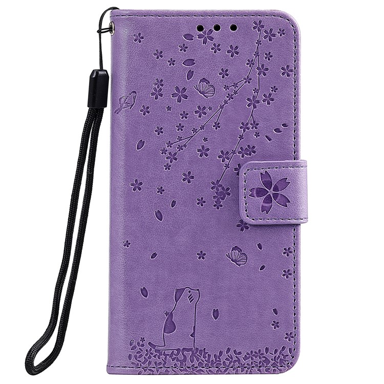 Imprint Sakura Cat Leather Covering with Card Slots for Xiaomi Redmi Note 8 Pro - Purple-1