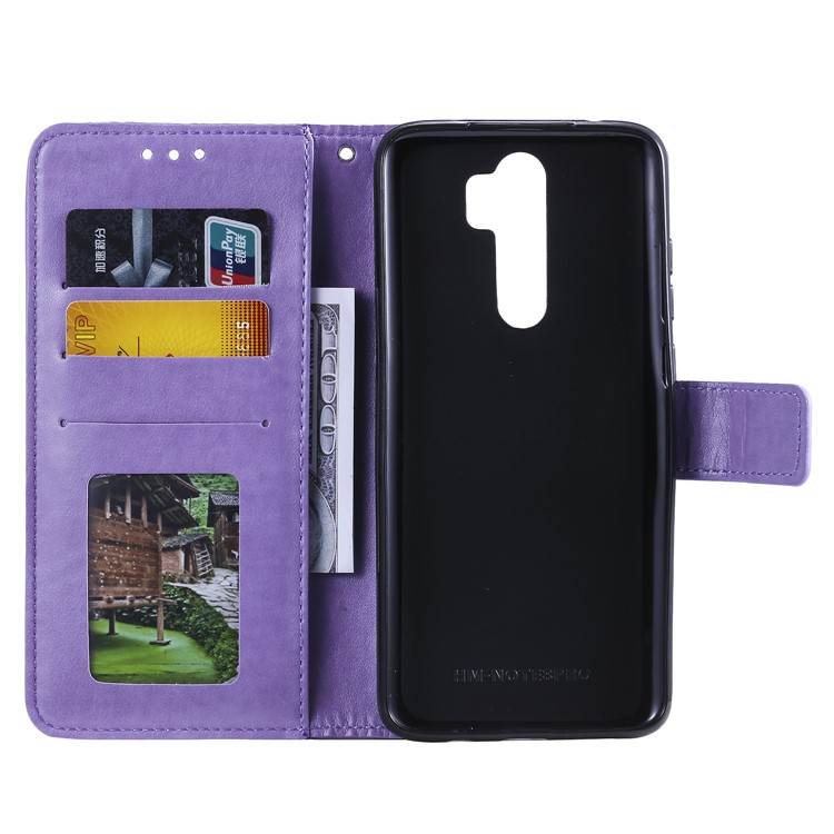 Imprint Sakura Cat Leather Covering with Card Slots for Xiaomi Redmi Note 8 Pro - Purple-3