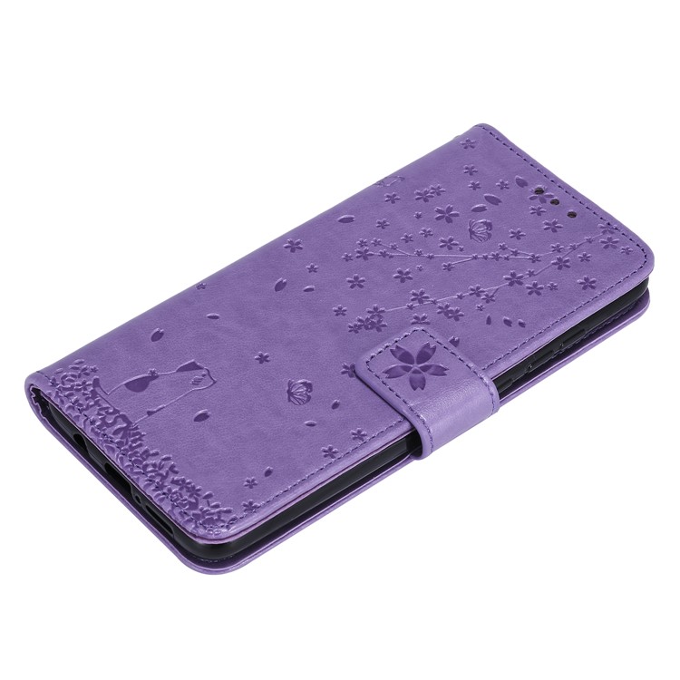 Imprint Sakura Cat Leather Covering with Card Slots for Xiaomi Redmi Note 8 Pro - Purple-4
