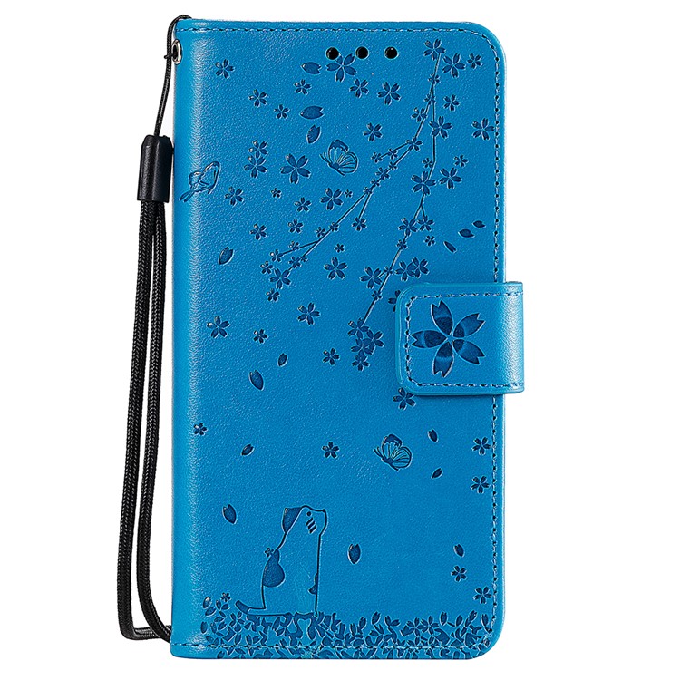 Imprint Sakura Cat Leather Covering with Card Slots for Xiaomi Redmi Note 8 Pro - Blue-1
