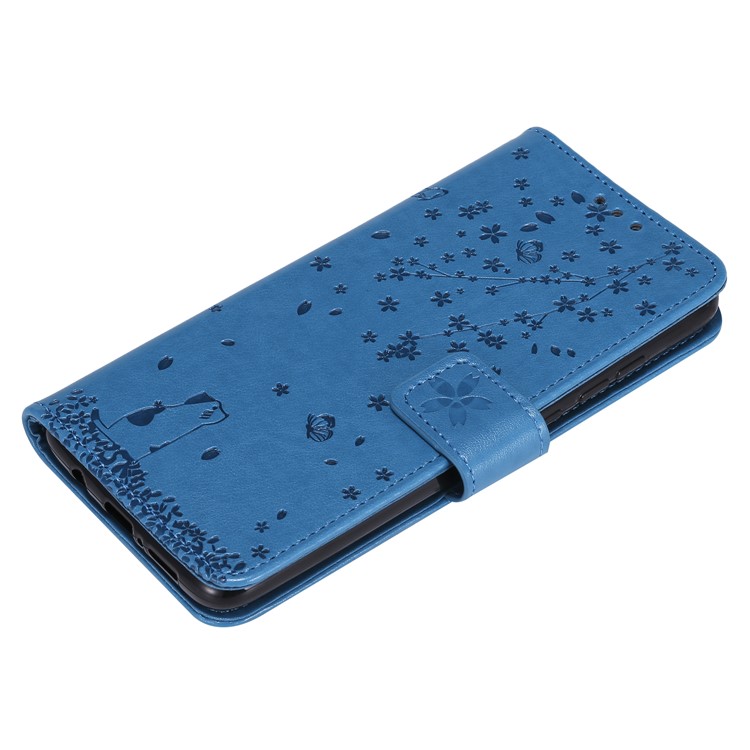 Imprint Sakura Cat Leather Covering with Card Slots for Xiaomi Redmi Note 8 Pro - Blue-4