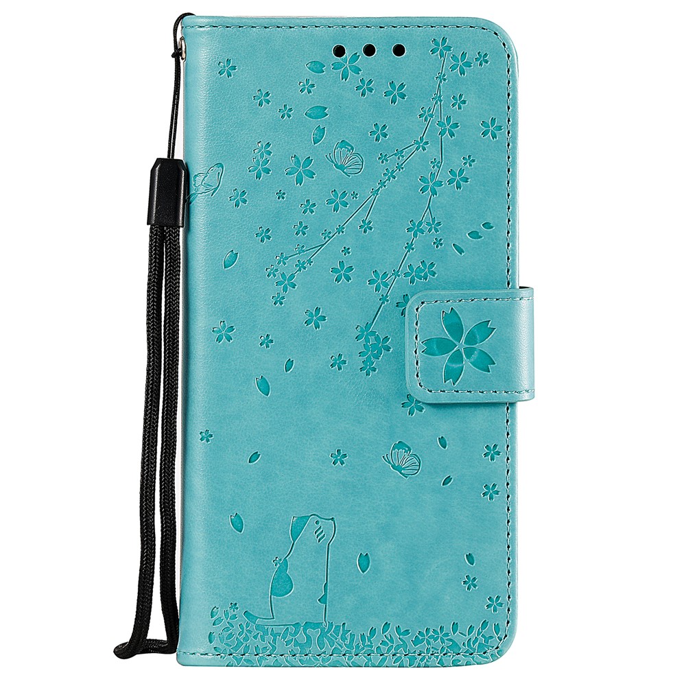 Imprint Sakura Cat Leather Covering with Card Slots for Xiaomi Redmi Note 8 Pro - Cyan-1