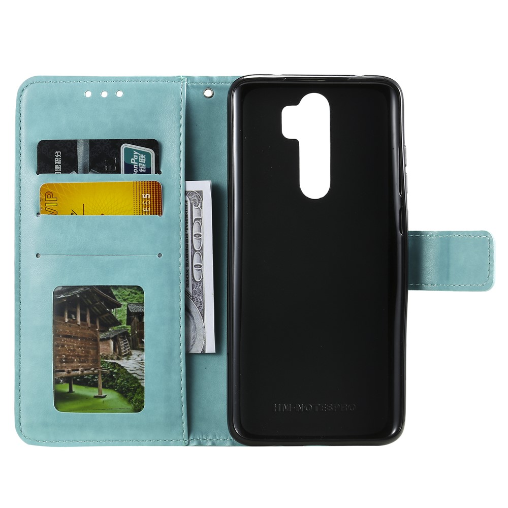 Imprint Sakura Cat Leather Covering with Card Slots for Xiaomi Redmi Note 8 Pro - Cyan-3