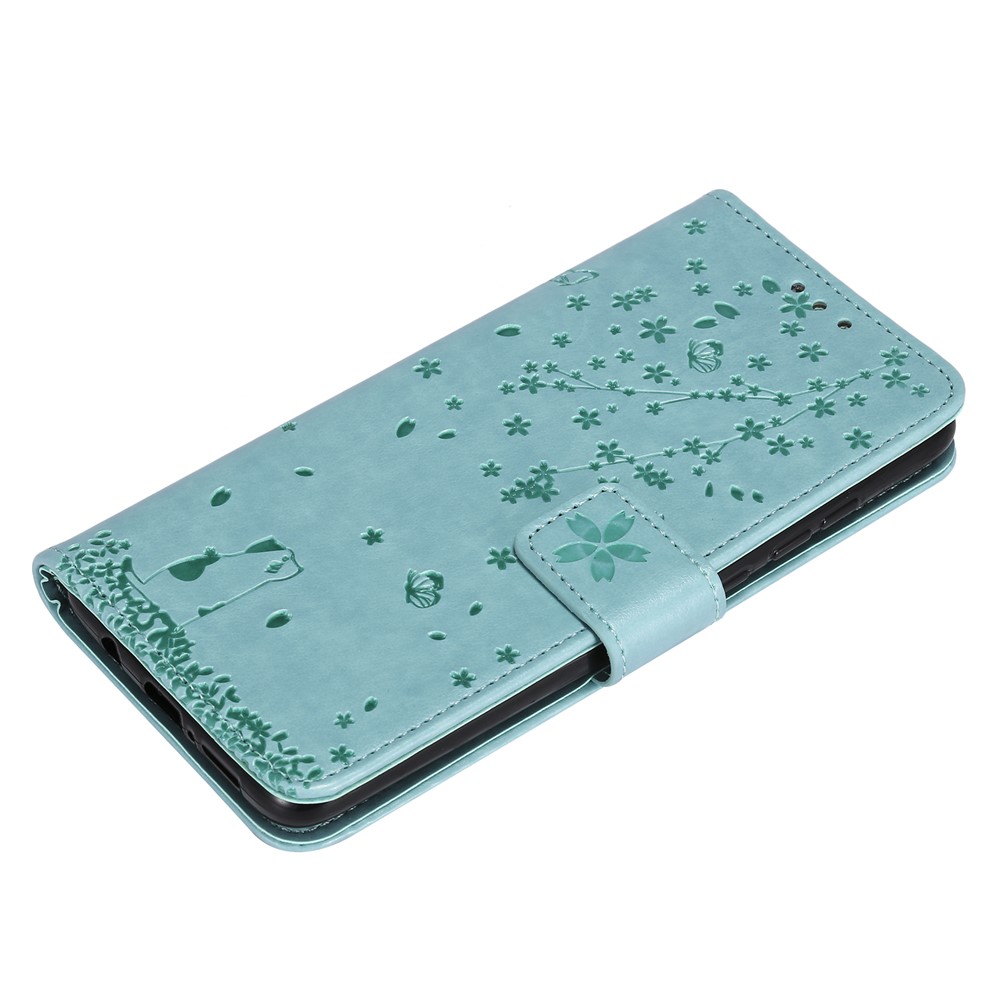 Imprint Sakura Cat Leather Covering with Card Slots for Xiaomi Redmi Note 8 Pro - Cyan-4