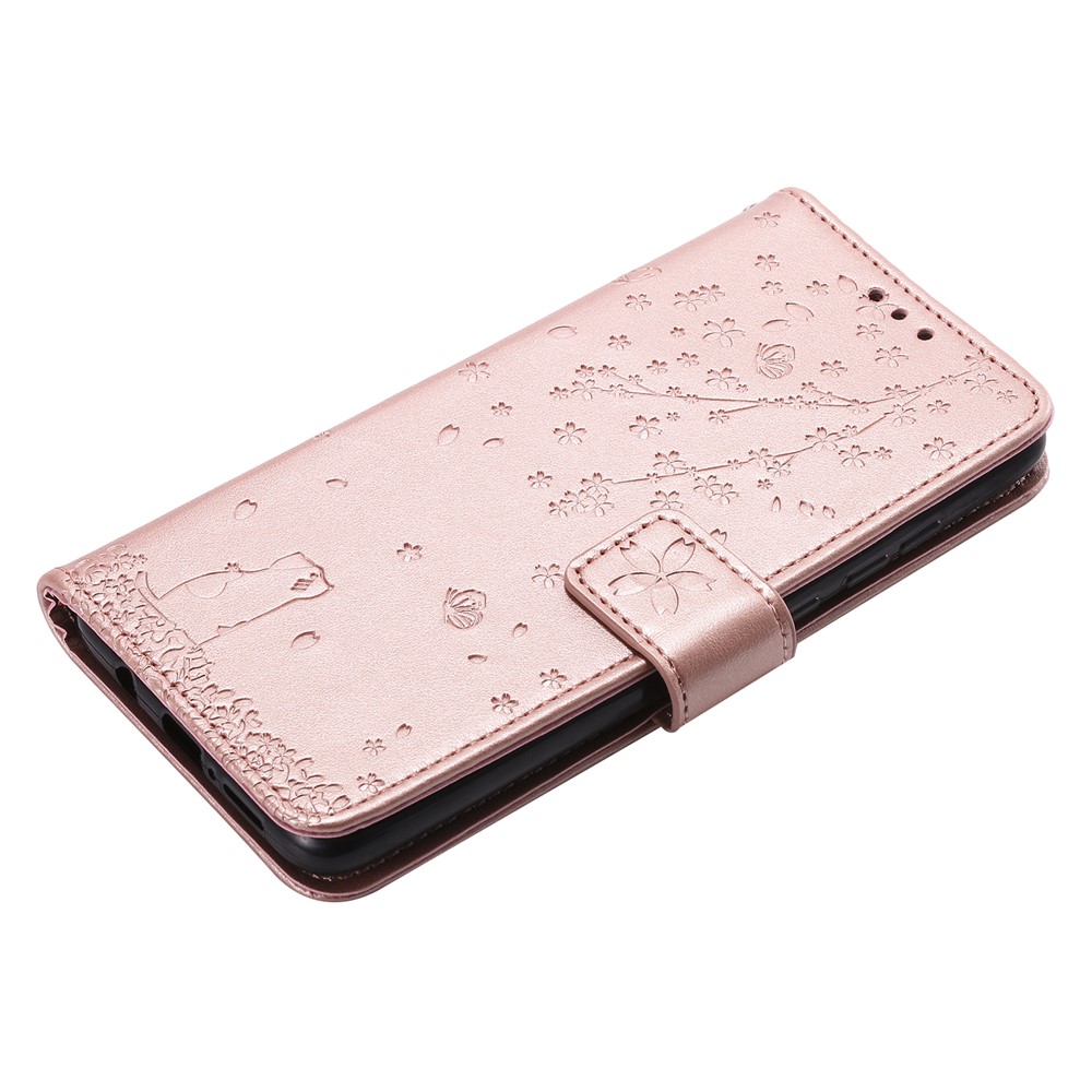 Imprint Sakura Cat Leather Covering with Card Slots for Xiaomi Redmi Note 8 Pro - Rose Gold-4