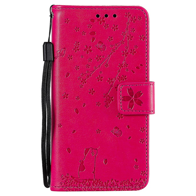 Imprint Sakura Cat Leather Covering with Card Slots for Xiaomi Redmi Note 8 Pro - Rose-1