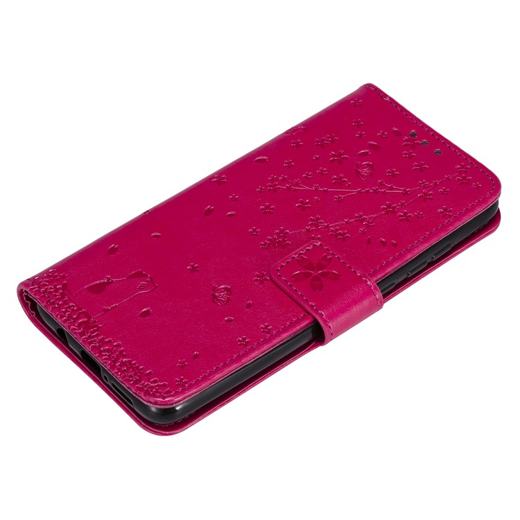 Imprint Sakura Cat Leather Covering with Card Slots for Xiaomi Redmi Note 8 Pro - Rose-4