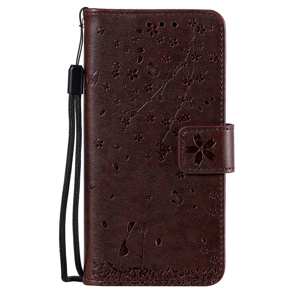 Imprint Sakura Cat Leather Covering with Card Slots for Xiaomi Redmi Note 8 Pro - Coffee-1