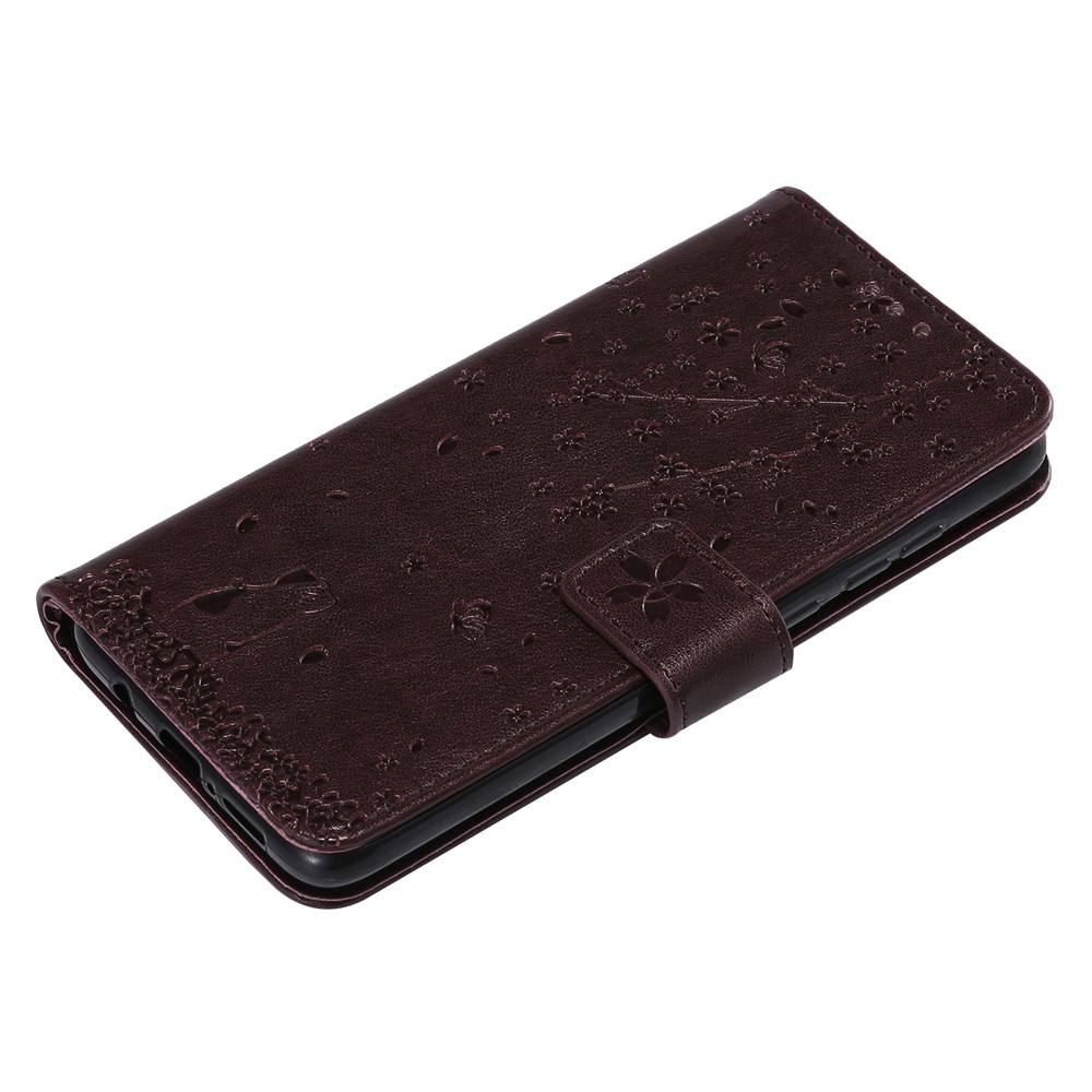 Imprint Sakura Cat Leather Covering with Card Slots for Xiaomi Redmi Note 8 Pro - Coffee-4