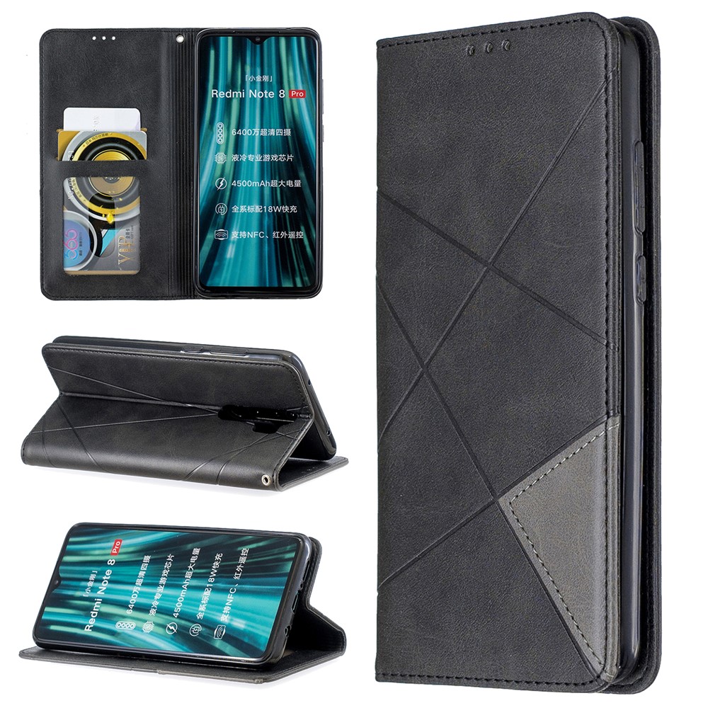 Geometric Pattern Stand Leather Card Holder Case for Xiaomi Redmi Note 8 Pro - Black-1