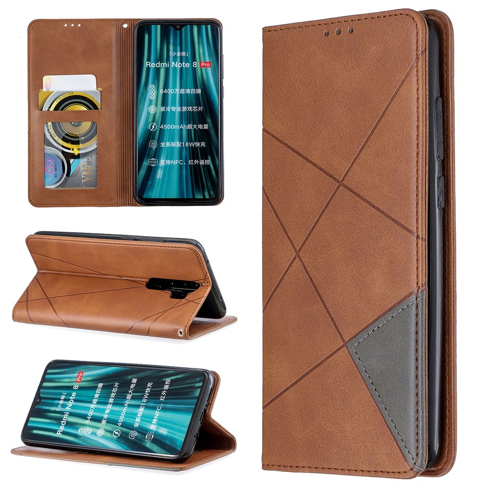 Geometric Pattern Stand Leather Card Holder Case for Xiaomi Redmi Note 8 Pro - Coffee-1