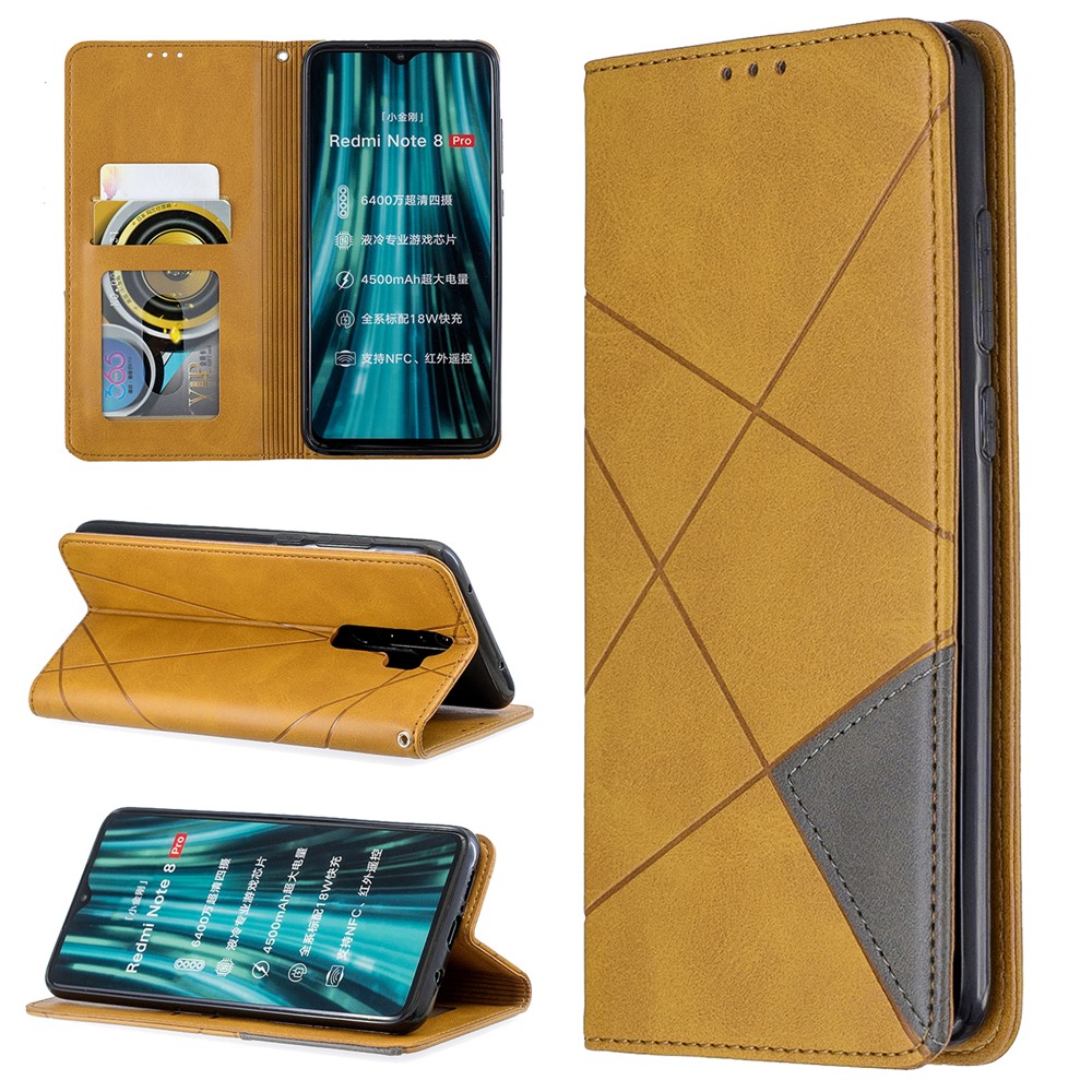 Geometric Pattern Stand Leather Card Holder Case for Xiaomi Redmi Note 8 Pro - Brown-1