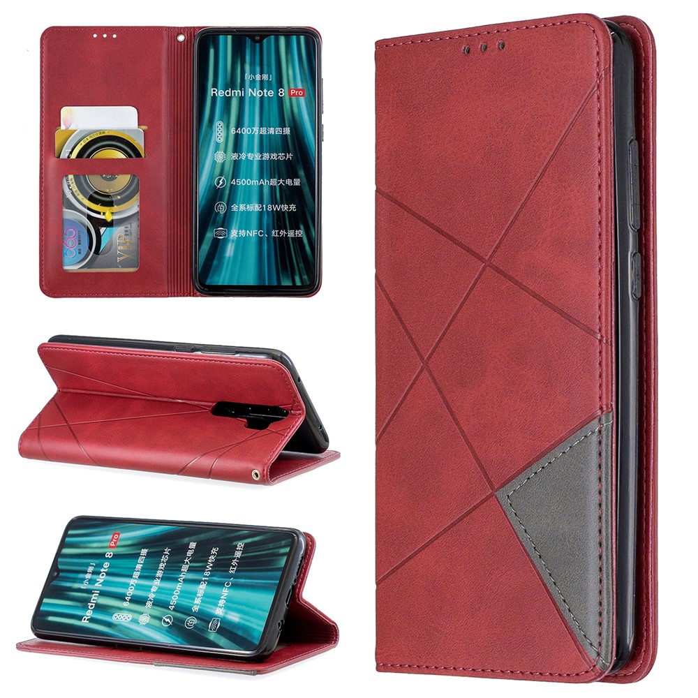 Geometric Pattern Stand Leather Card Holder Case for Xiaomi Redmi Note 8 Pro - Red-1