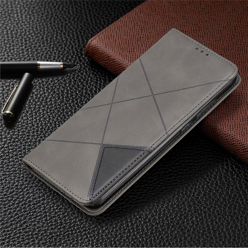 Cassa Del Supporto Geometrico Basamento Modello Carta Di Cuoio Per Xiaomi Redmi Nota 8 Pro - Grigio-8