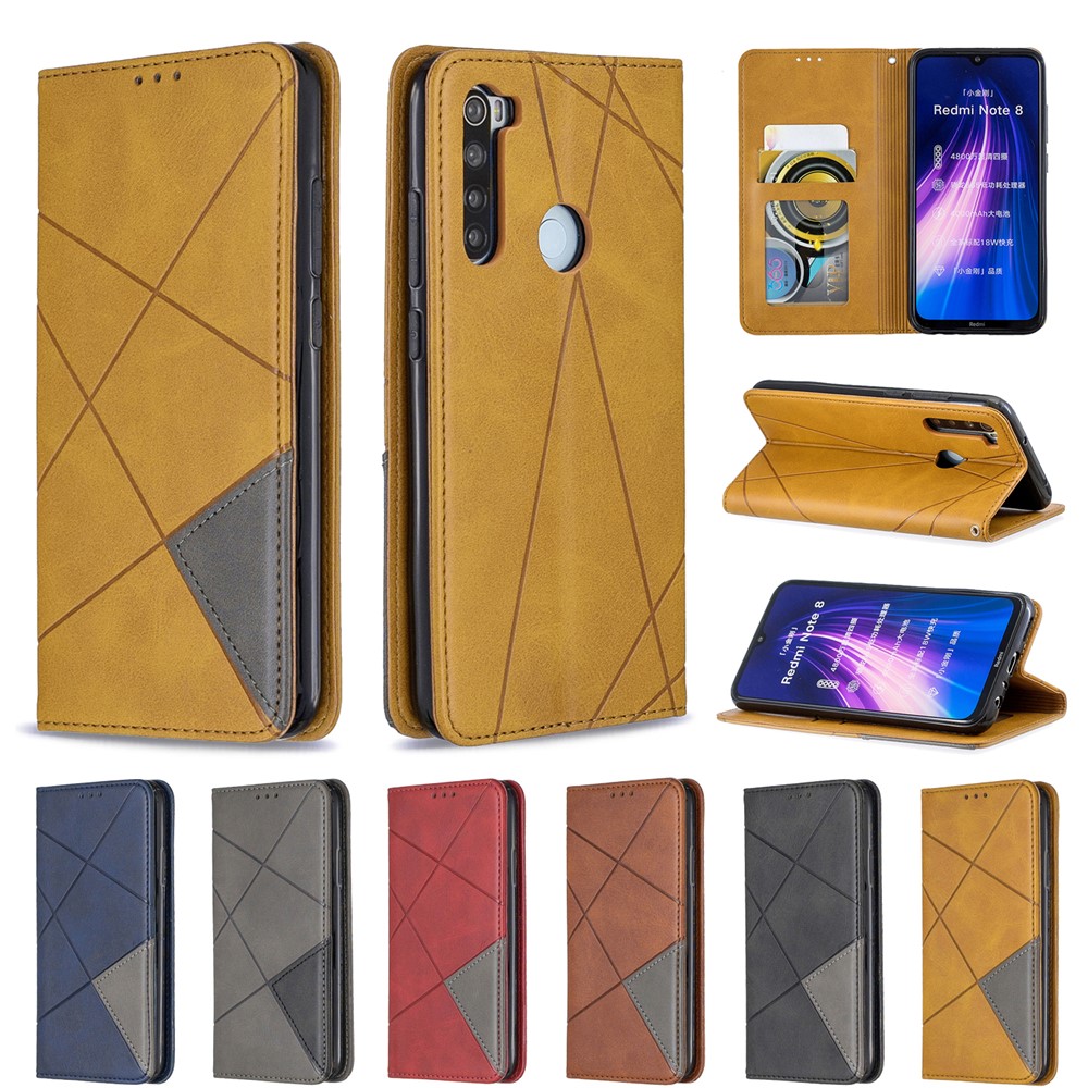 Estuche de Tarjetas de Cuero de Stand de Patrón Geométrico Para Xiaomi Redmi Note 8 - Marrón