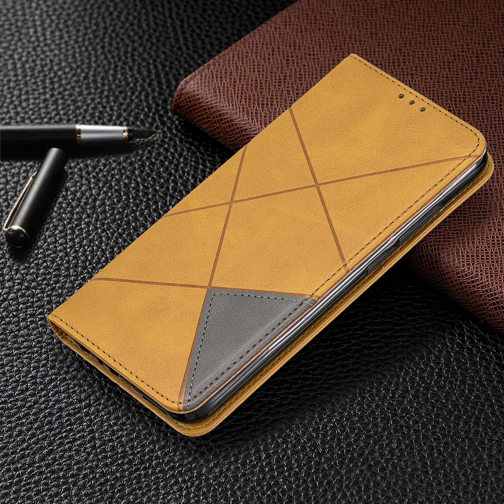 Estuche de Tarjetas de Cuero de Stand de Patrón Geométrico Para Xiaomi Redmi Note 8 - Marrón