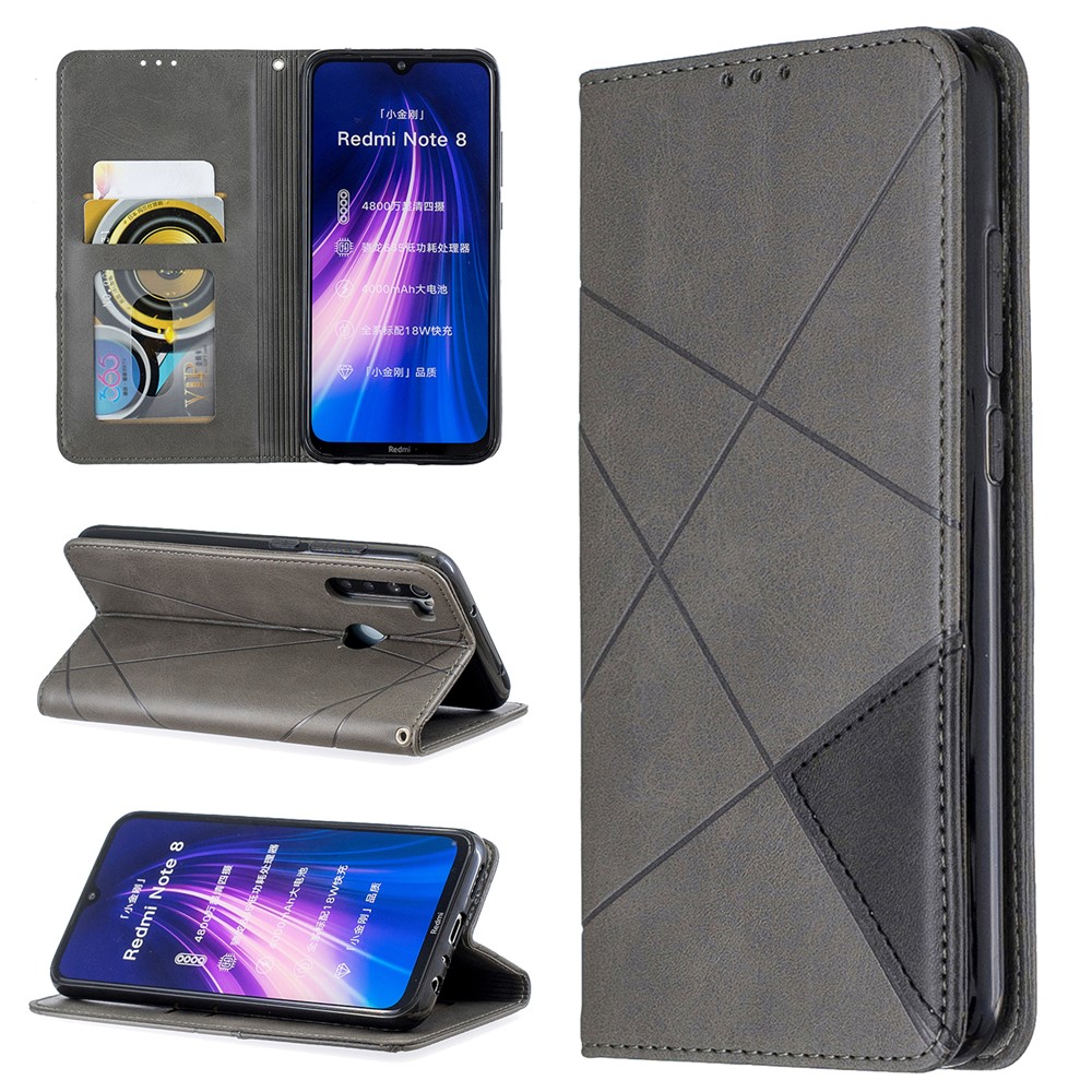 Geometric Pattern Stand Leather Card Holder Case for Xiaomi Redmi Note 8 - Grey-1