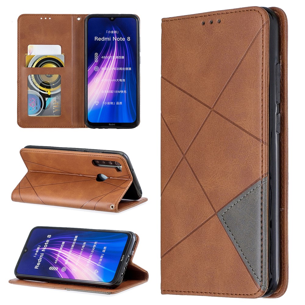 Cassa Del Supporto Geometrico Basamento Card Pattern Cuoio Per Xiaomi Redmi Nota 8 - Caffè-1