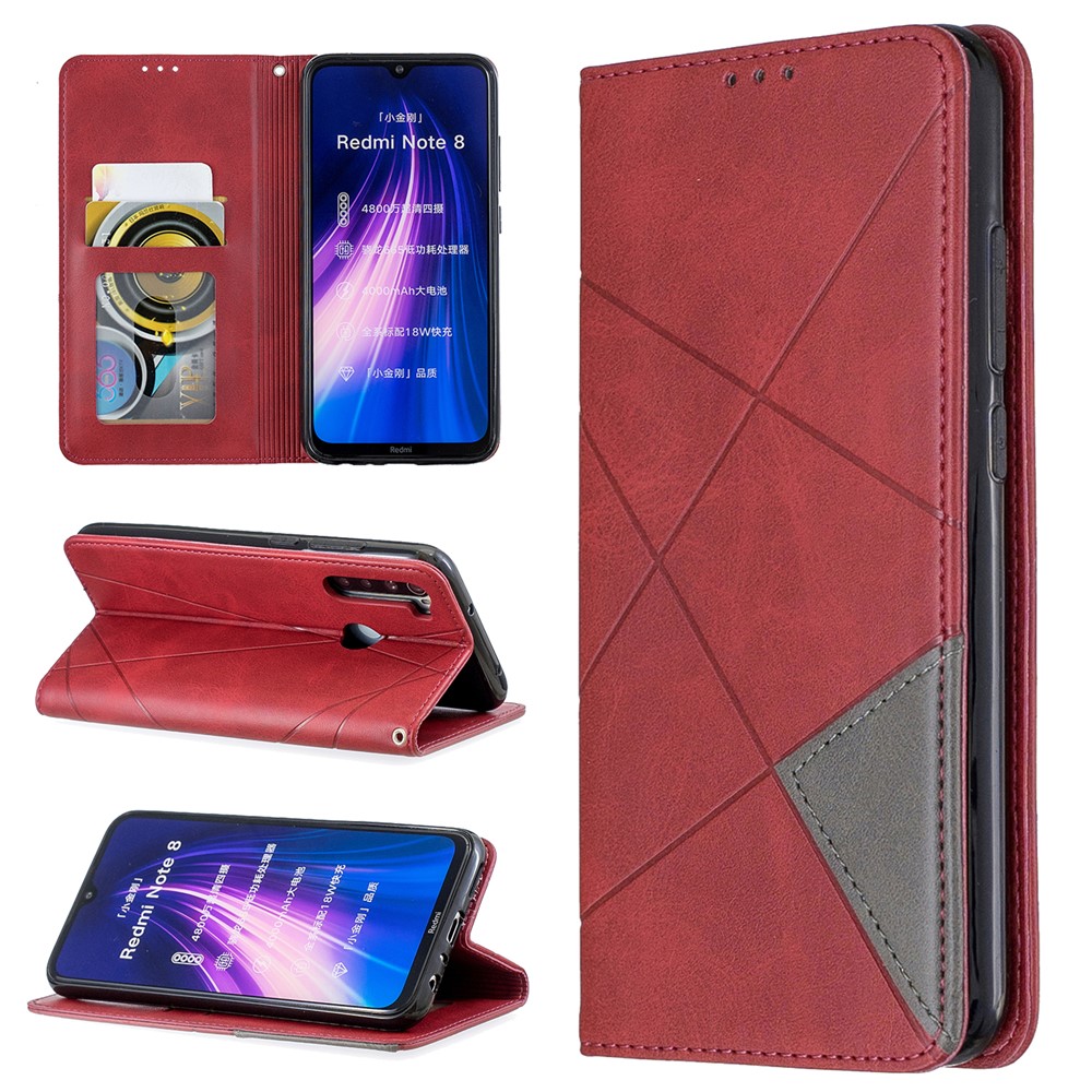 Geometric Pattern Stand Leather Card Holder Case for Xiaomi Redmi Note 8 - Red-1