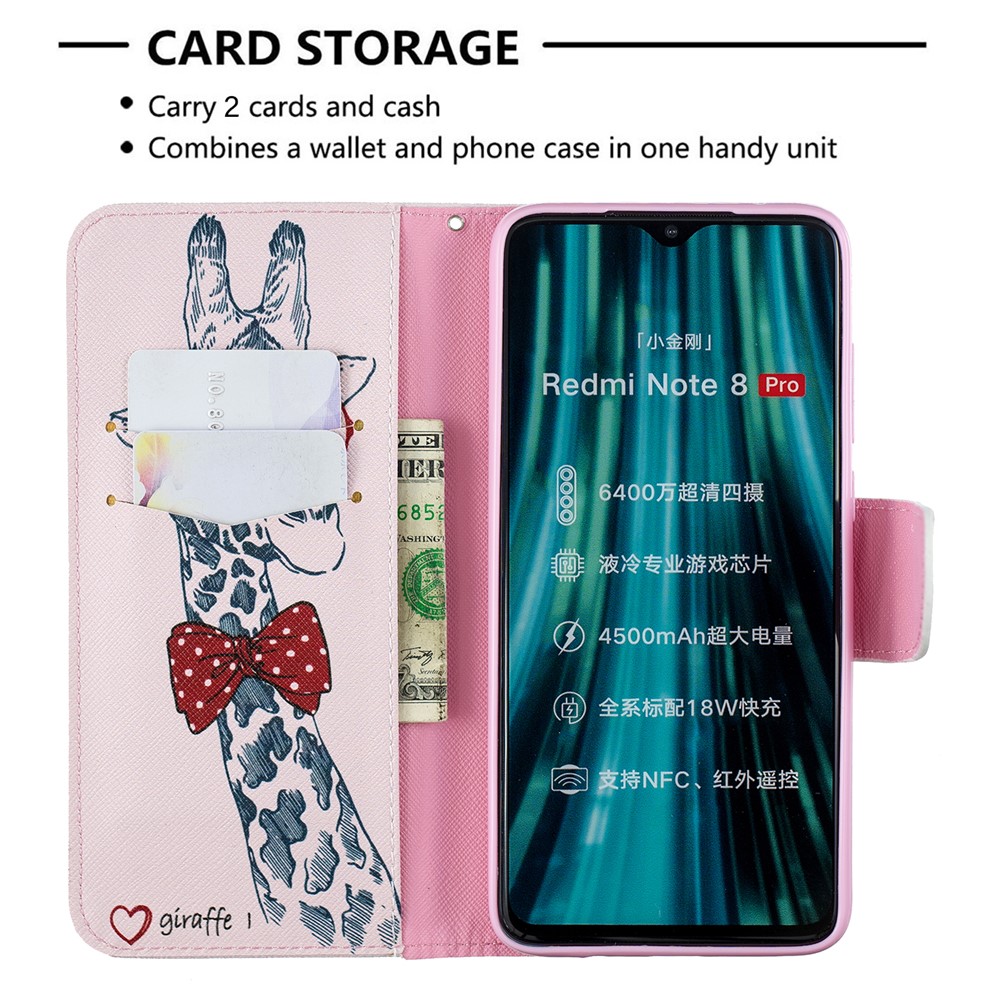 Pattern Printing Leather Wallet Case for Xiaomi Redmi Note 8 Pro - Adorable Giraffe Wearing Glasses-6