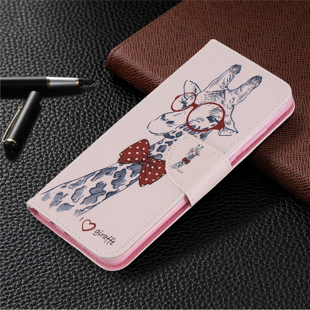 Pattern Printing Leather Wallet Case for Xiaomi Redmi Note 8 Pro - Adorable Giraffe Wearing Glasses-7