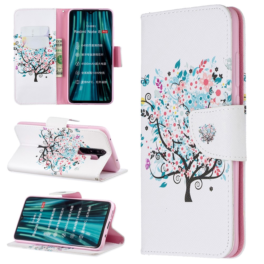 Pattern Printing Leather Wallet Case for Xiaomi Redmi Note 8 Pro - Flowered Tree-1