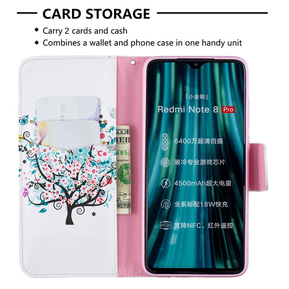 Pattern Printing Leather Wallet Case for Xiaomi Redmi Note 8 Pro - Flowered Tree-6