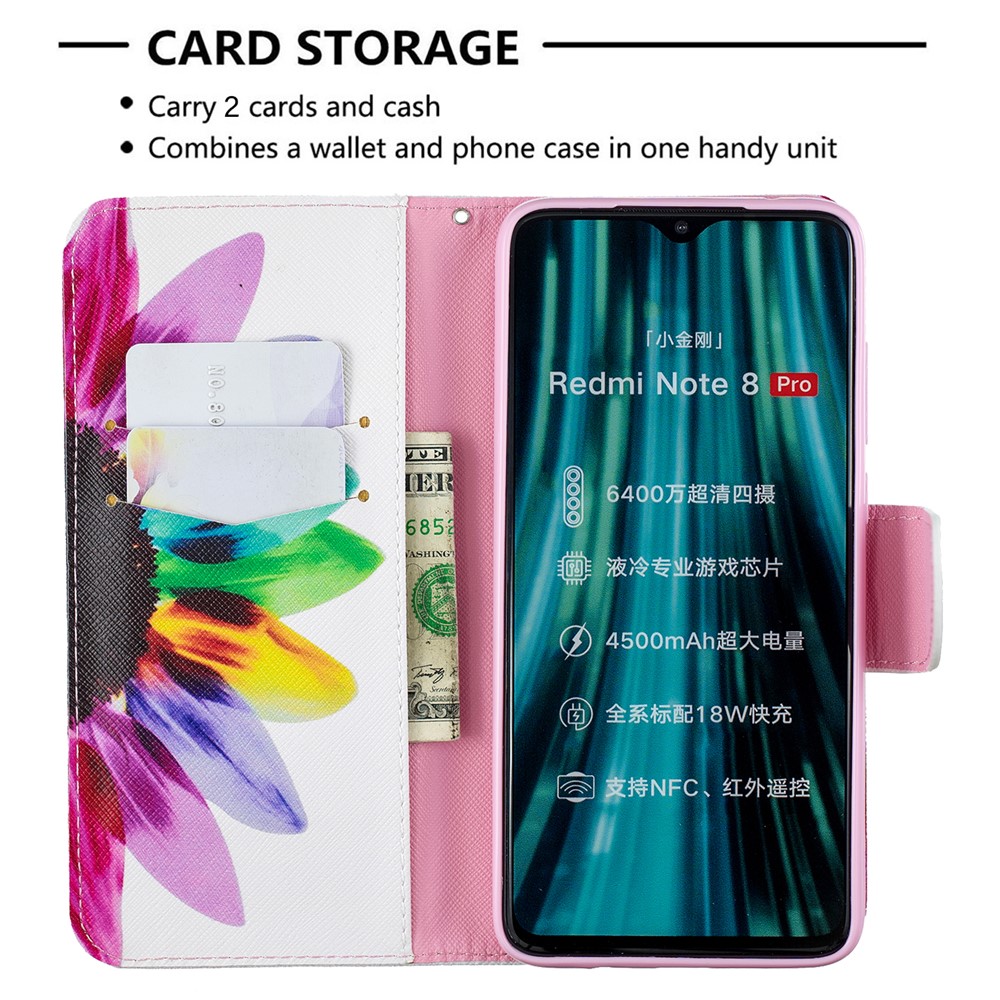 Pattern Printing Leather Wallet Case for Xiaomi Redmi Note 8 Pro - Colorful Petals-6