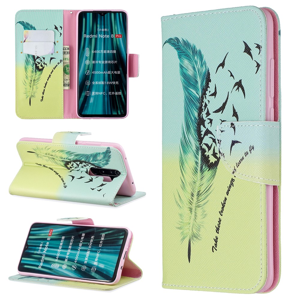 Pattern Printing Leather Wallet Case for Xiaomi Redmi Note 8 Pro - Feather Pattern-1